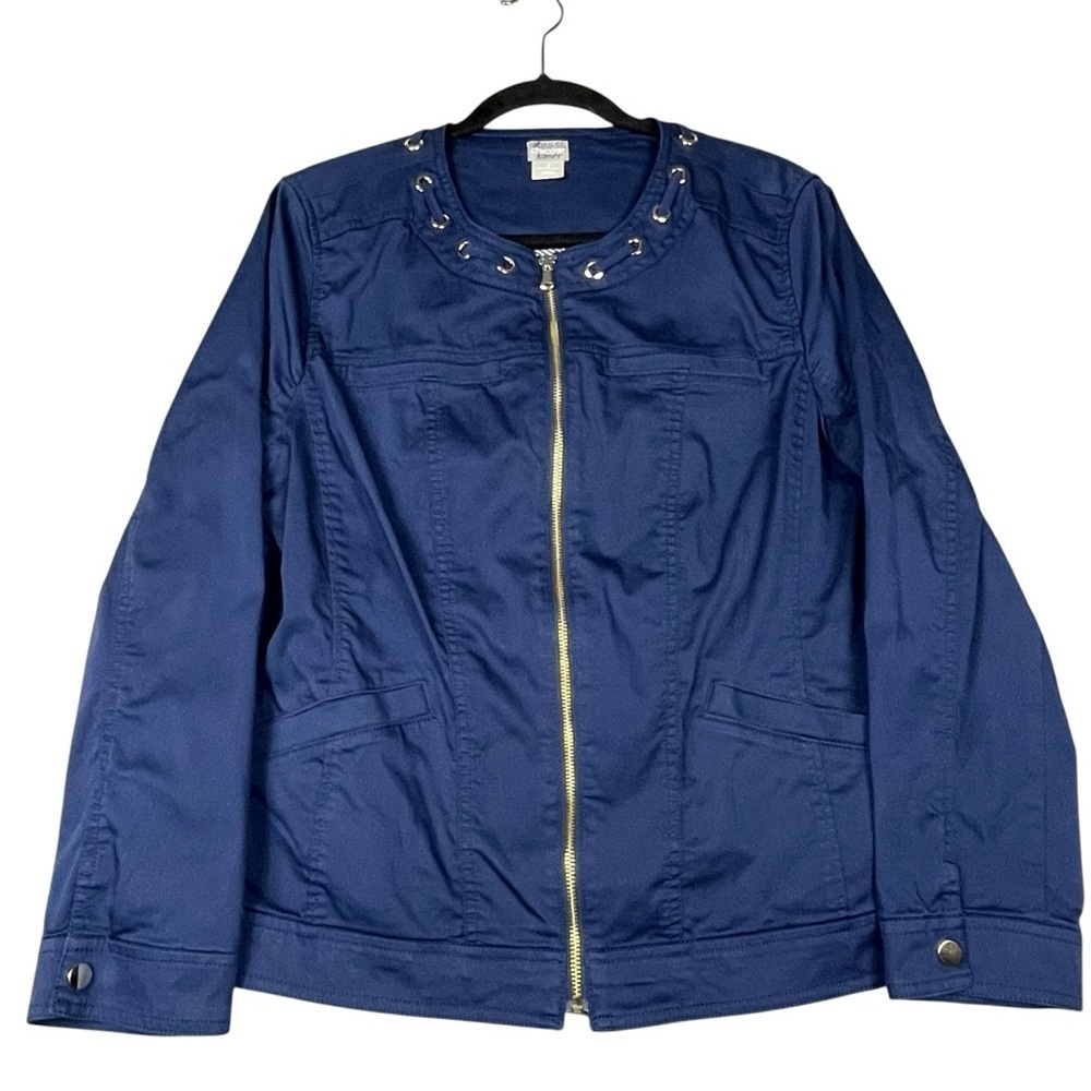 Chicos Navy Blue Nautical Stylish Lightweight Utility Zip Up Jacket - Sz 12/L